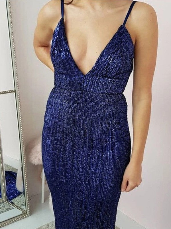 Trumpet/Mermaid V-neck Sweep/Brush Train Ruffles Sleeveless Sequins Dresses